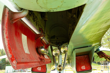 The landing gear of an old military aircraft.