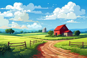 Colorful farmland and clear sky illustration
