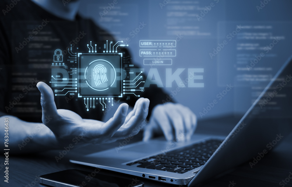 Poster deepfake concept ,facial tracking, detection and recognition technology, security system. concept of