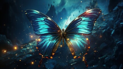 Mysterious dark blue butterfly with glowing wings