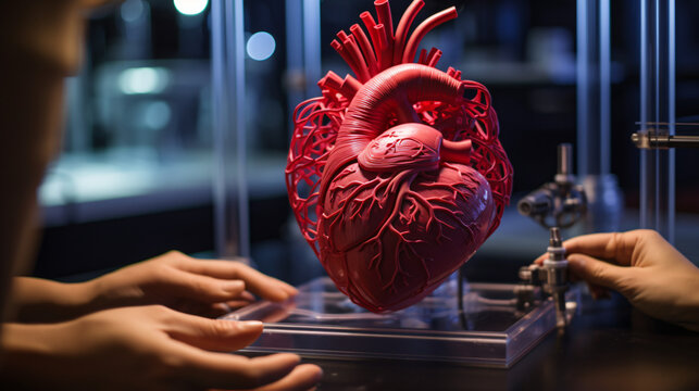 A 3D printer is depicted creating a model of a human heart