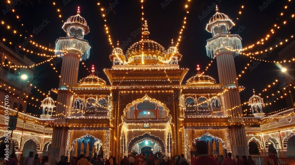 Wall mural festively decorated indian temple with glowing garlands at night, festive atmosphere of baisakhi, ba