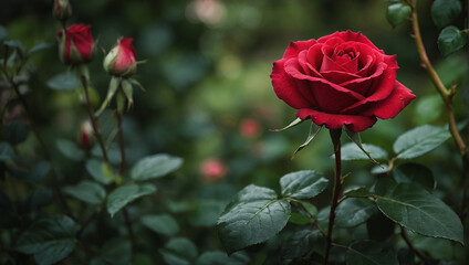 A red rose is in focus with a rosebud on the right and green leaves all around.

 - obrazy, fototapety, plakaty