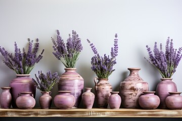 Many bouquets of violet lavender herbs in old vases on white concrete background