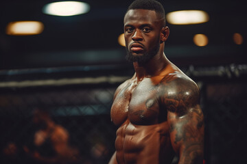 Fototapeta na wymiar Shirtless African American Mixed Martial Arts male mma fighter stands confidently in the gym, showing off his muscular physique and training facilities