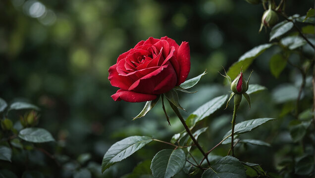 A red rose is in focus with a rosebud on the right and green leaves all around.

