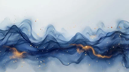 Fotobehang Elegant card design for wedding invitations or birthday invites with abstract navy blue waves and gold splashes. © Zaleman