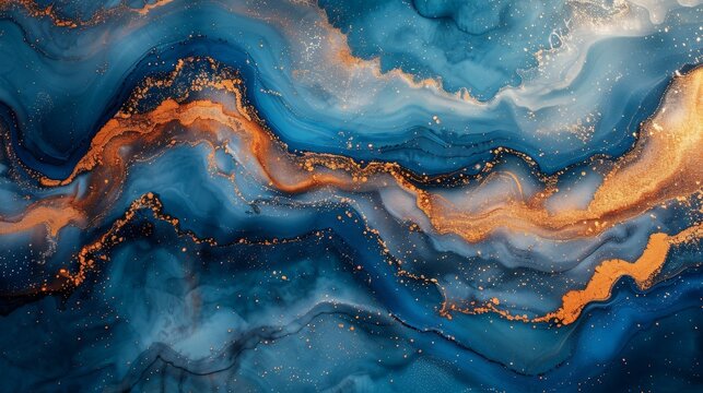 An abstract fluid acrylic painting with a mixture of liquid blues and golden paints. Blue color of the year 2020. Liquid marble pattern background. Abstract fluid acrylic paint.