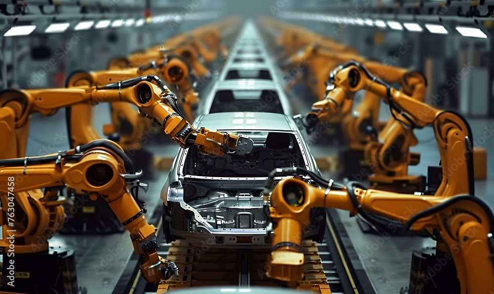 Aufkleber Efficient Car Factory, Robotic Assembly Line in Action