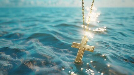 A gold cross necklace hangs on the blue sea floor. The sun shone brightly and a gentle breeze blew over the surface of the water. ai generated.