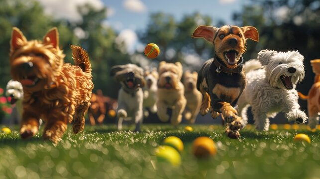 Many Dogs Run Play Ball Meadow, Banner Image For Website, Background, Desktop Wallpaper