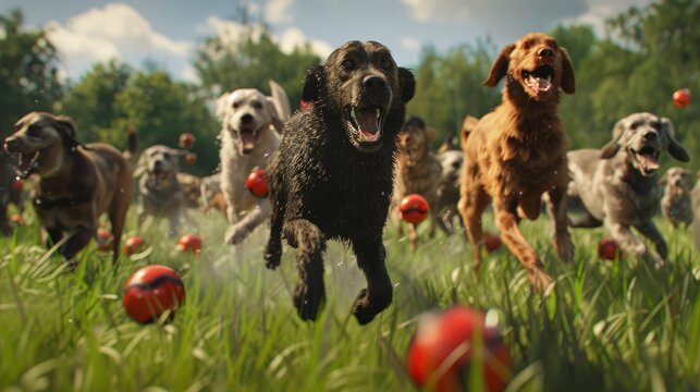 Many Dogs Run Play Ball Meadow, Banner Image For Website, Background, Desktop Wallpaper