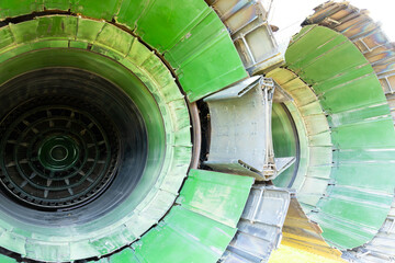 Military aircraft jet engine nozzle. View from the back. The insides.