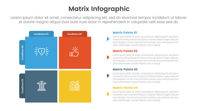 matrix structure model template for infographic template banner with square shape and round tab banner with 4 point stage list