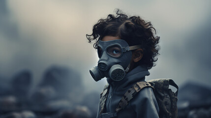 A child wears a gas mask against a backdrop of smoke