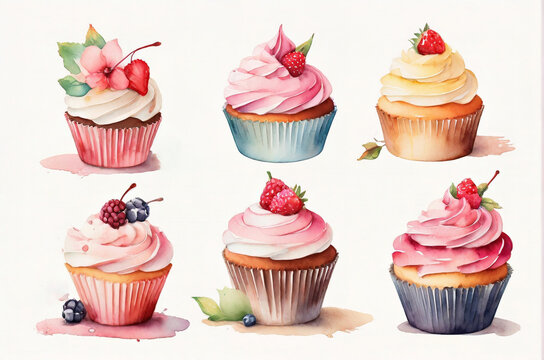 Set of watercolor cupcakes isolated on white background. Hand drawn watercolor illustration. AI generated