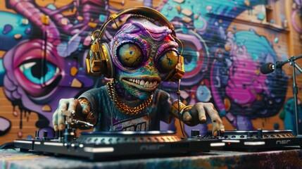An alien with colorful skin and golden headphones performs a DJ set amidst a backdrop of elaborate graffiti artwork.