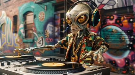 A 3D-rendered alien DJ wearing headphones mixes music on turntables, set against a vibrant urban graffiti backdrop.
