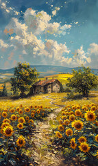 Naklejka premium A beautiful painting featuring a field of sunflowers with a house in the background, set against a backdrop of a clear blue sky with fluffy white clouds