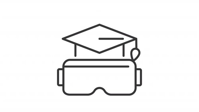 VR in education line animation. Smart goggles and graduation cap animated icon. Immersive learning and training. Black illustration on white background. HD video with alpha channel. Motion graphic