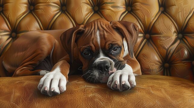 Portrait Boxer Puppy Lying On Couch, Banner Image For Website, Background, Desktop Wallpaper