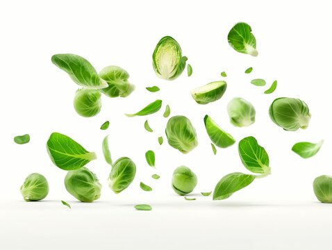 Vibrant Brussels sprouts and leaves suspended in mid-air on a white background, depicting freshness and healthy food concept.