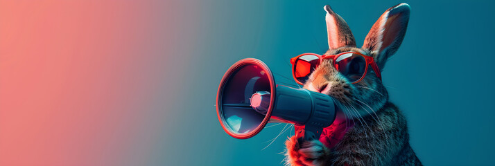 A cool bunny rabbit holding a loudspeaker megaphone banner for advertising or promotion. - obrazy, fototapety, plakaty