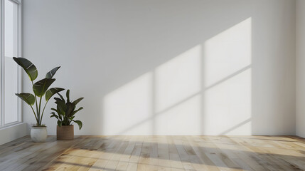Minimalist interior design of an empty room with a white wall and wooden floor, green plants in pots on the side. Simple and clean interior with bright natural light from a window. Copy space.