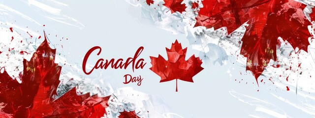Happy Canada day background with watercolor splashes in flag colors and maple leaf. Grunge Canadian flag. Template for invitation, poster, flyer, banner, etc.