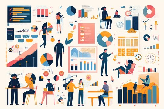 A vibrant collection of illustrated office scenes depicts a range of business and time management activities, with workers busy at presentations, strategy discussions, and analyzing data.