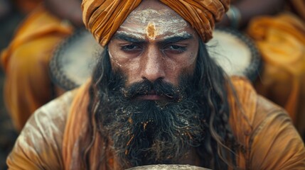 close up meditation of a Sikh drummer before playing traditional drums, inhaling incense and yellow smoke, on Baisakhi - obrazy, fototapety, plakaty