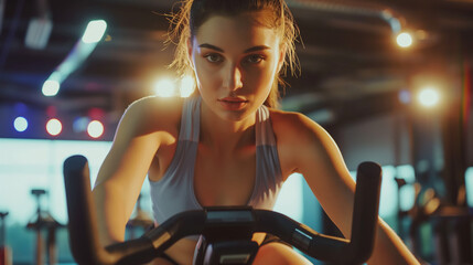 Fototapeta premium Young woman pedals anexercise bikke in the gym.