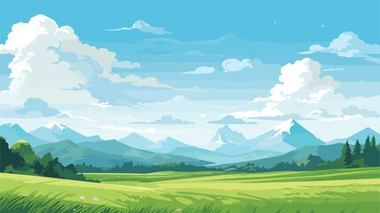 Summer green field and mountains flat vector 