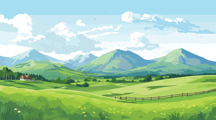 Summer green field and mountains flat vector 