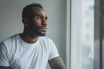 depressed african american man in white t-shirt with tattoo on arms looking through window