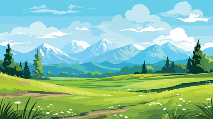 Summer green field and mountains flat vector 