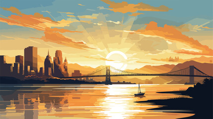 Sunlight reflecting off Hudson River flat vector - obrazy, fototapety, plakaty