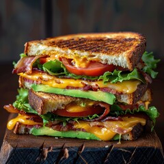 A tasty grilled cheese sandwich with bacon, lettuce, tomato and avocado