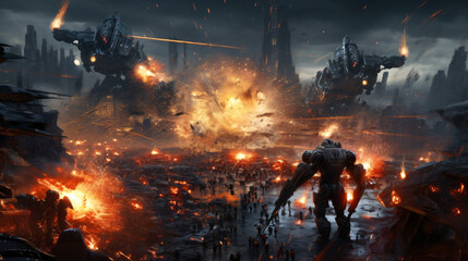 A cybernetic battlefield where armies of robots clash