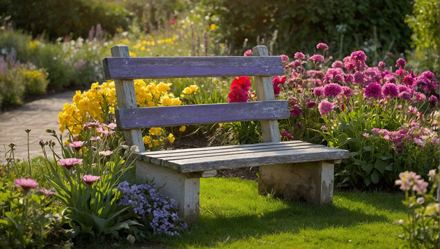 A wooden bench sits in a garden of flowers.

