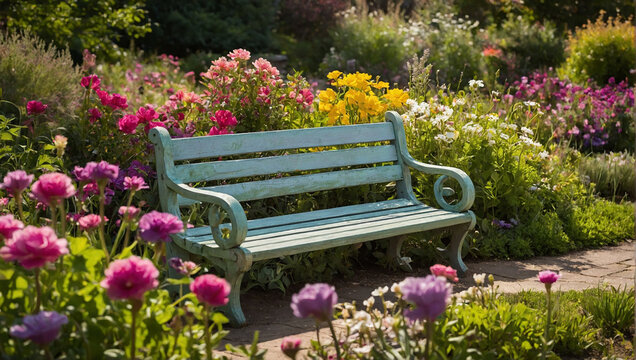 A wooden bench sits in a garden of flowers.

