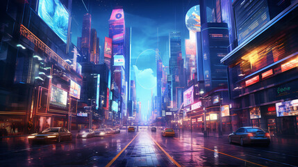 Fototapeta na wymiar A cybernetic cityscape where holographic advertisement