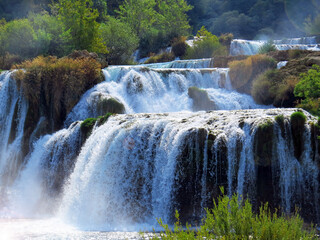 A waterfall in Croatia on a sunny day. Close-up