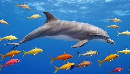 A Dolphin Swimming With A Colorful School Of Fish Upscaled 3