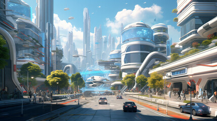 A cybernetic cityscape where skyscrapers tower over bu - obrazy, fototapety, plakaty