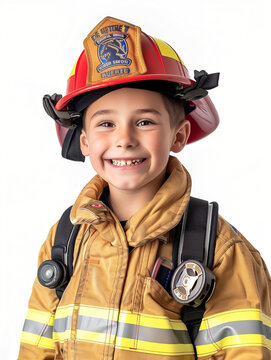 happy firefigther boy with helmet , isolated on white