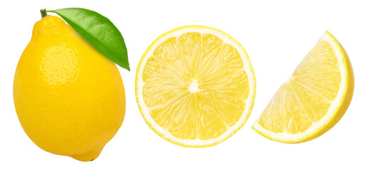 lemon fruit with leaves, slice and half isolated, Fresh and Juicy Lemon, transparent png, PNG format