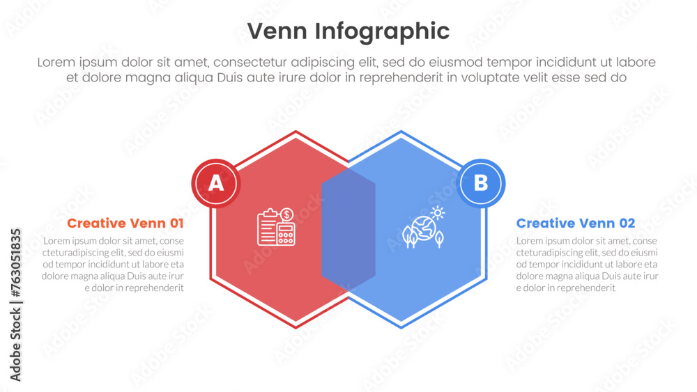 Poster venn diagram infographic template banner with hexagon or hexagonal with circle badge with 2 point li
