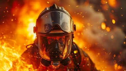 An intense portrait of a firefighter, eyes resolute, as he confronts a raging inferno, fully geared in protective helmet and suit, amidst a shower of sparks. - obrazy, fototapety, plakaty