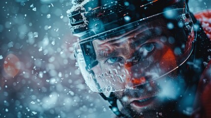 An intense gaze from a hockey player focuses through a snow-splattered visor, encapsulating the determination and toughness of the sport.